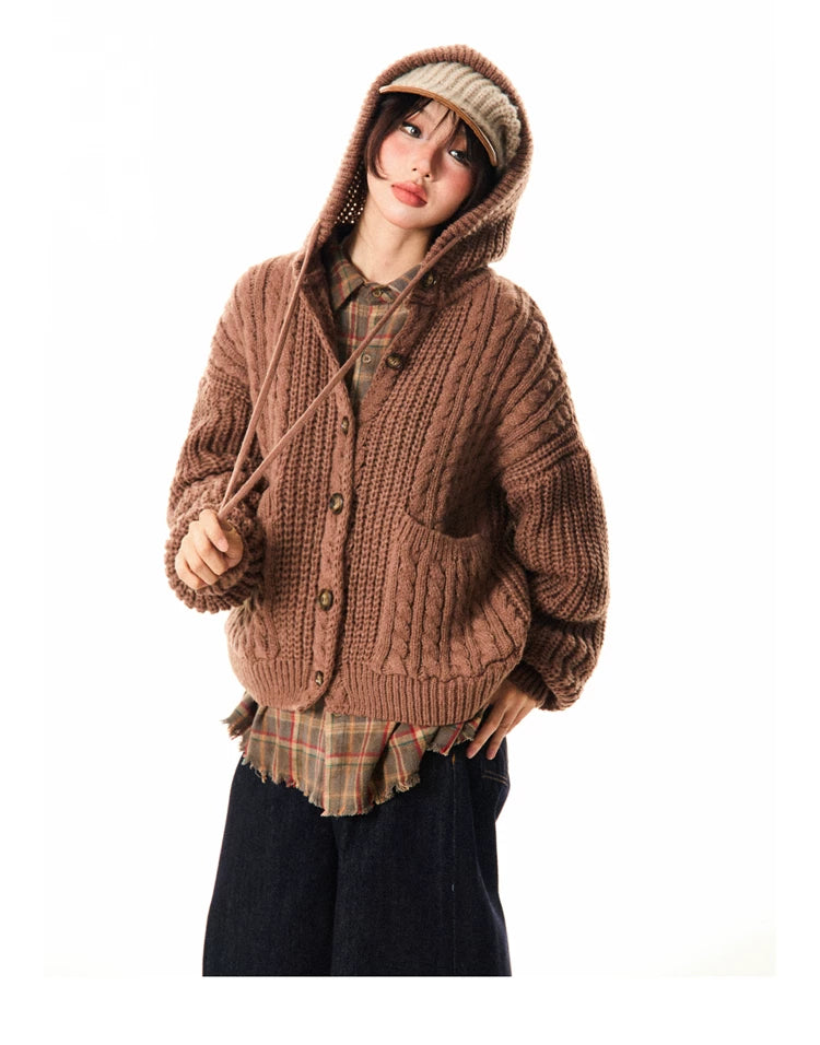 Hooded Button Oversize Cable Knit Cardigan