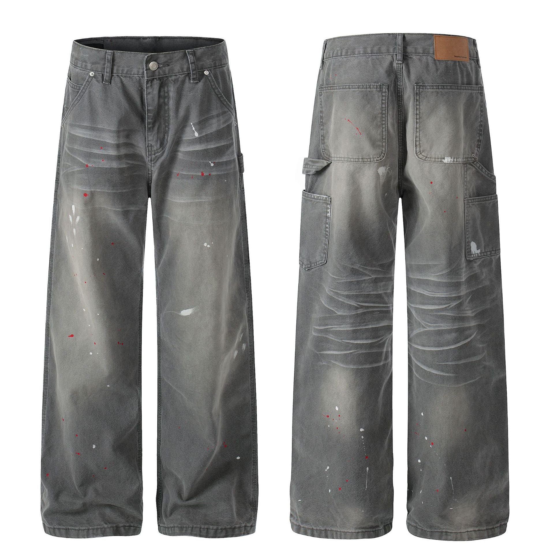 Whisker Ink Splash Curved Wide Leg Denim Jeans