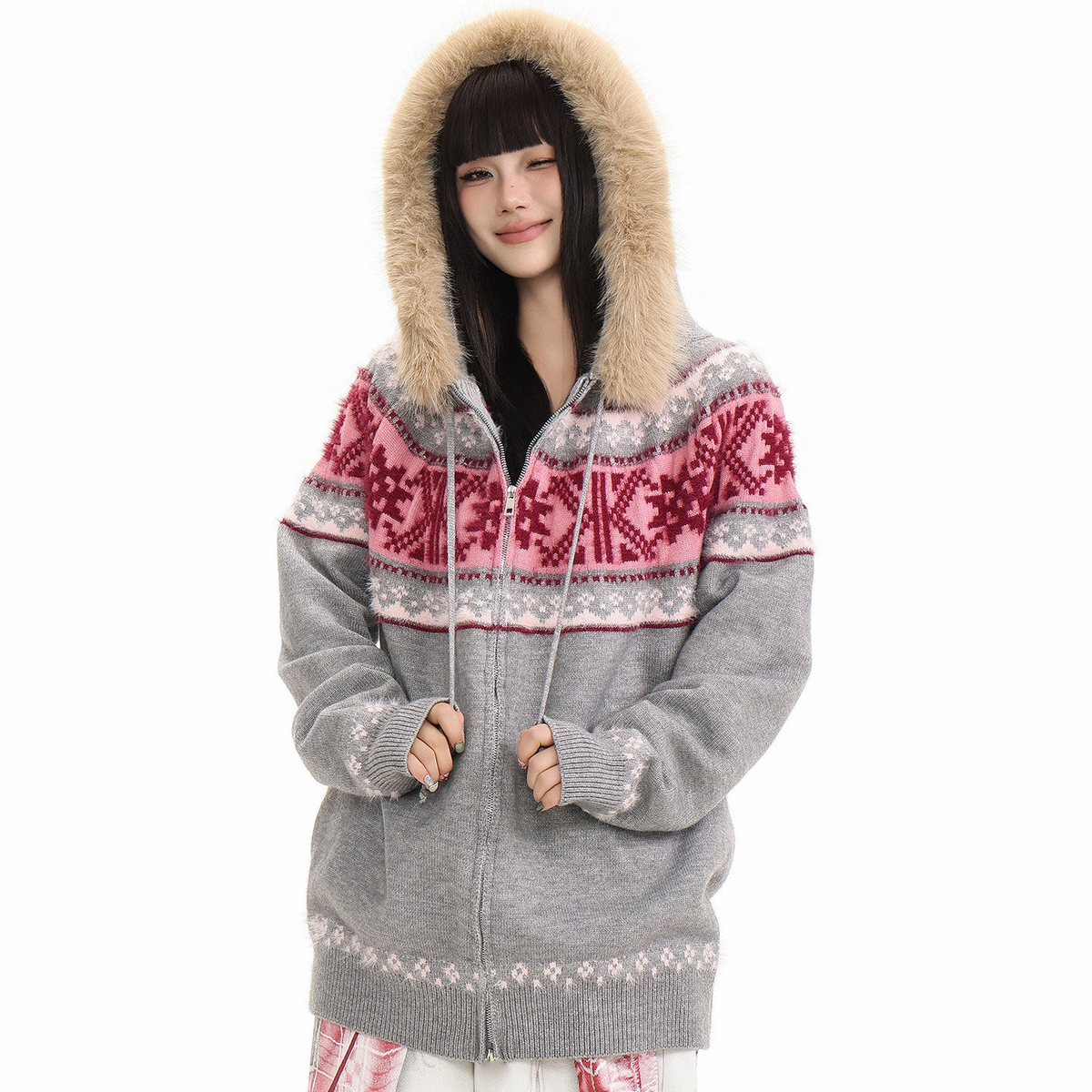 Fur Collar Fair Isle Hooded Knit Cardigan