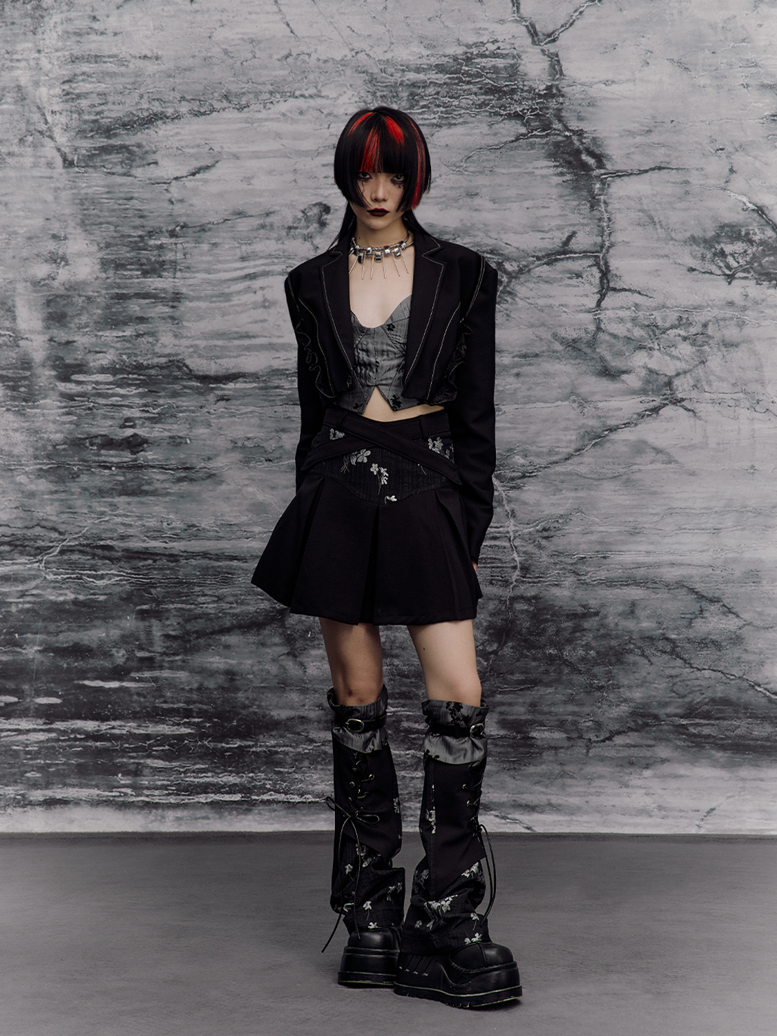 Floral Camisole Bustier & Flare Leg Warmers & Pleats Skirt & Cropped Jacket Setup