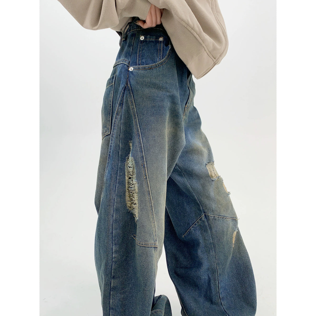 Washed Damaged Wide Leg Denim Jeans