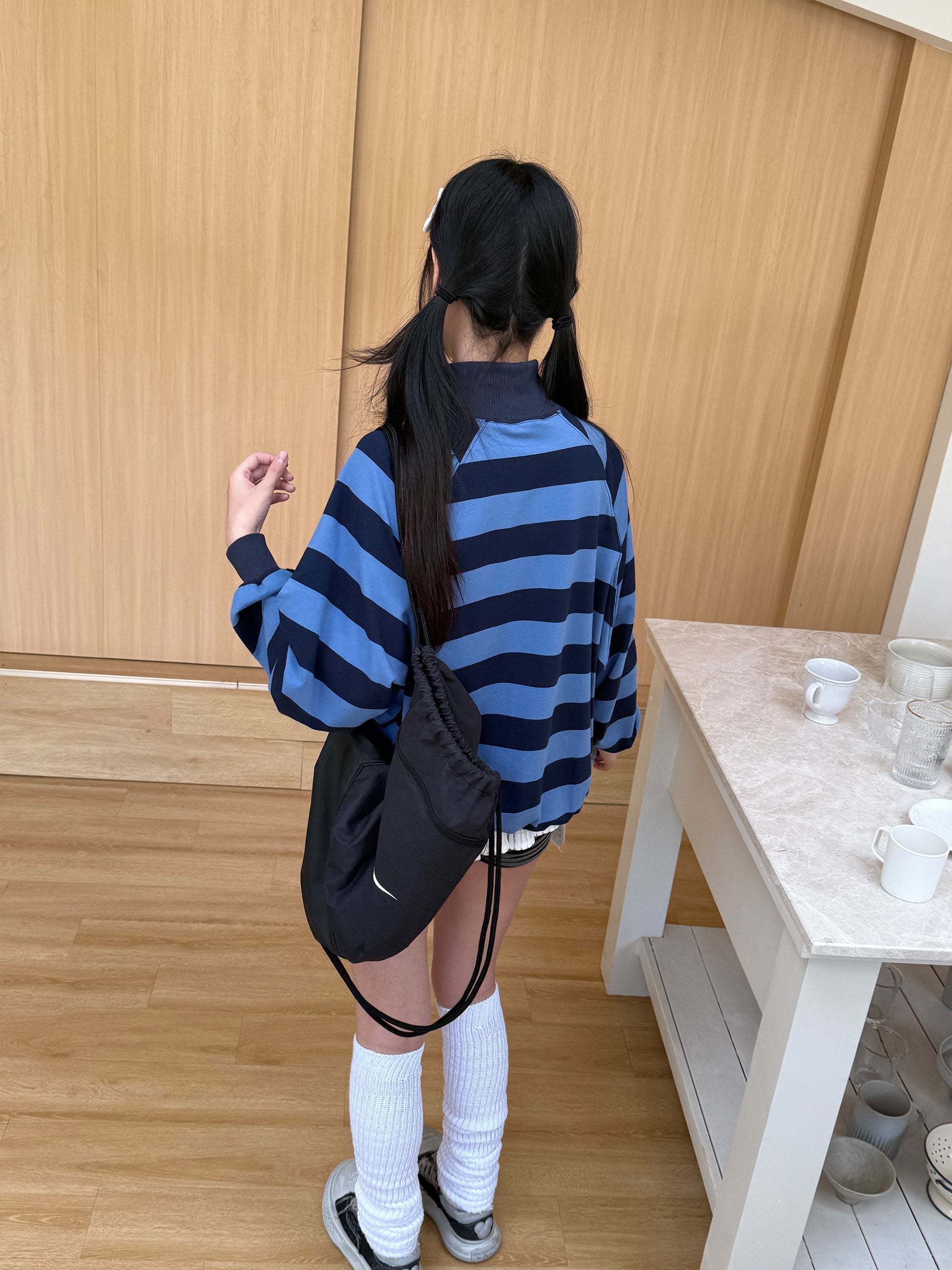 Striped Oversize Stand Collar Zipper Jacket