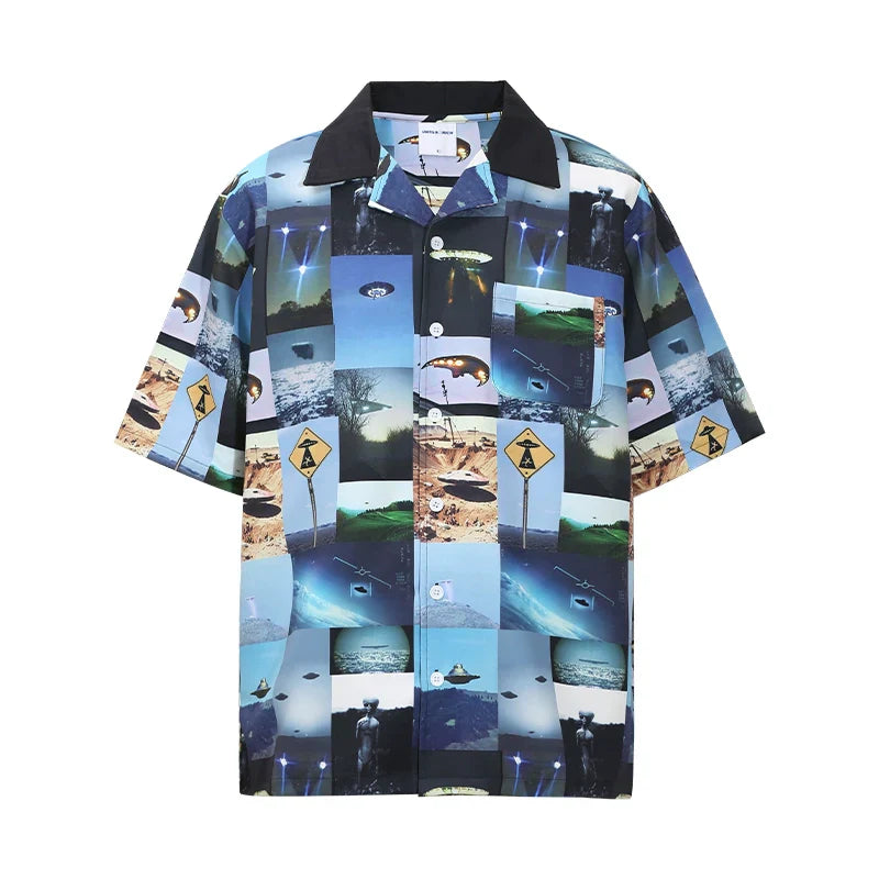 Camicia oversize a maniche corte con stampa grafica mista