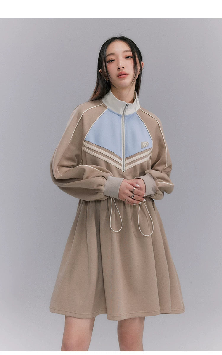 Embroidery Color Blocking Sporty Long Sleeve Jersey Dress