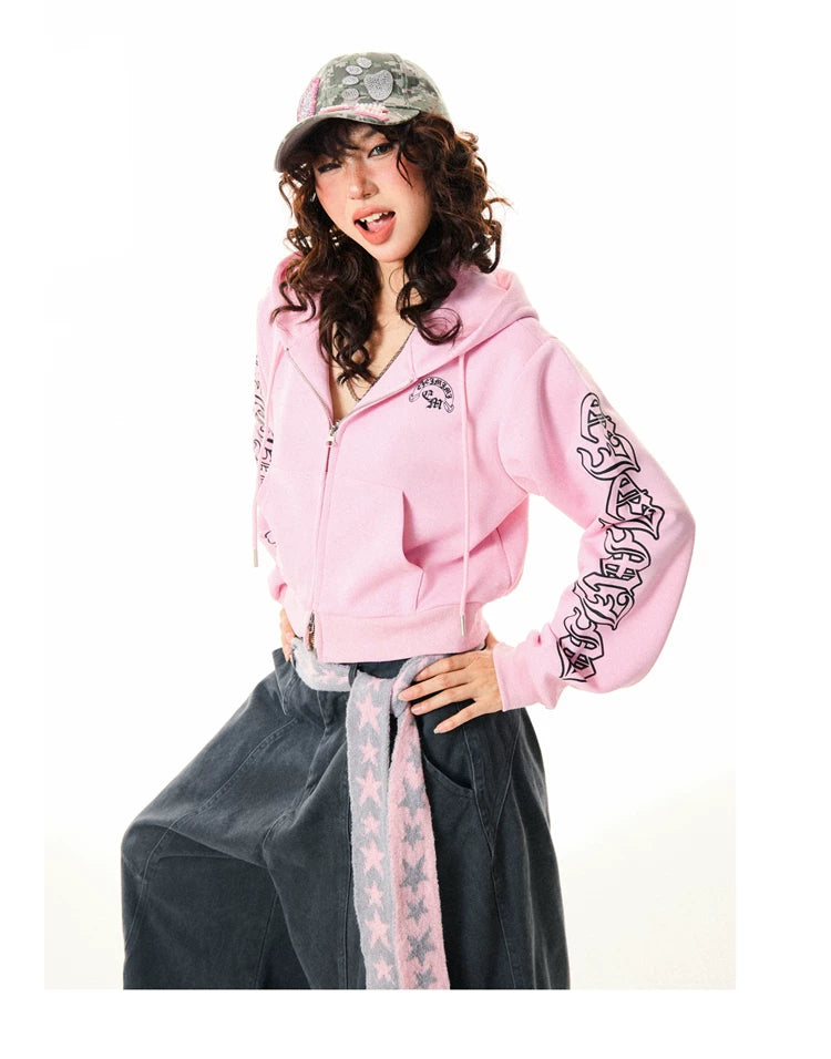 Gothic Logo Print Cropped Zipper Hoodie