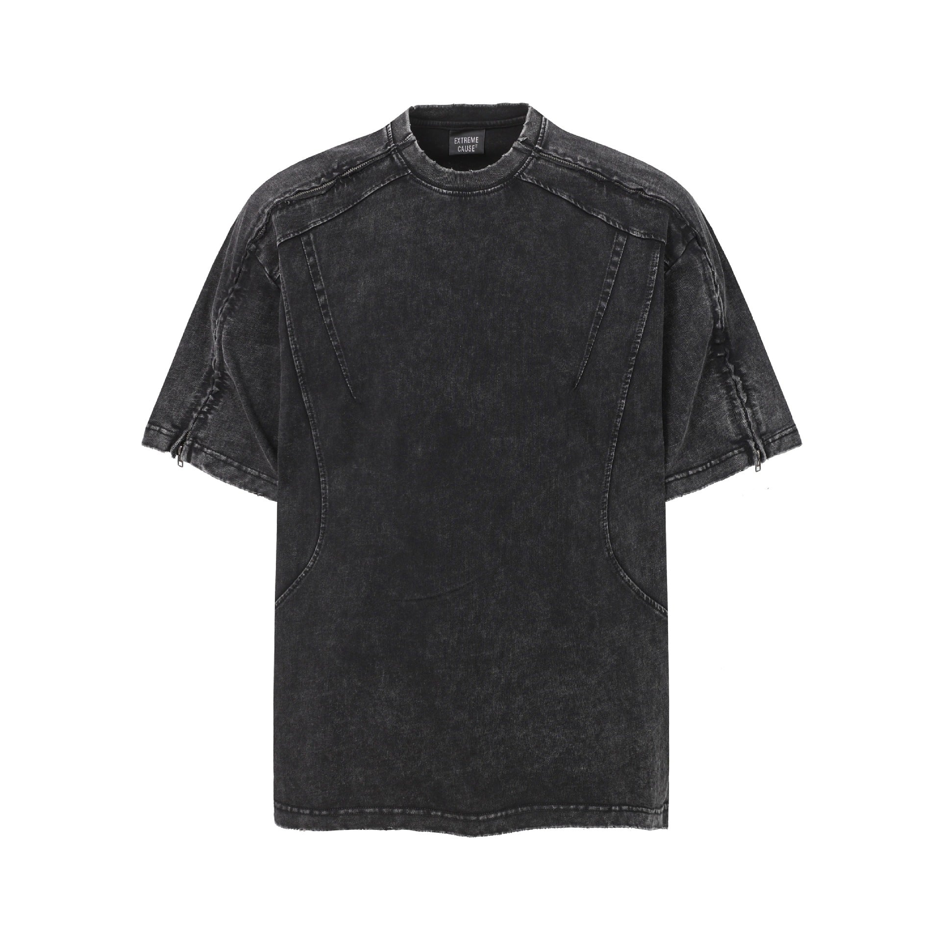 Washed Panel Design Zipper Detail Short Sleeve T-Shirt
