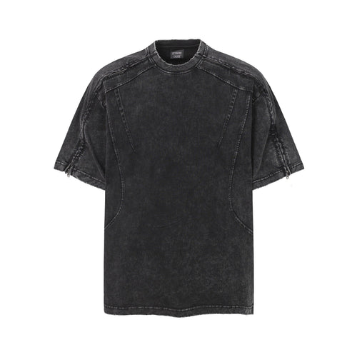 Washed Panel Design Zipper Detail Short Sleeve T-Shirt - Black / M