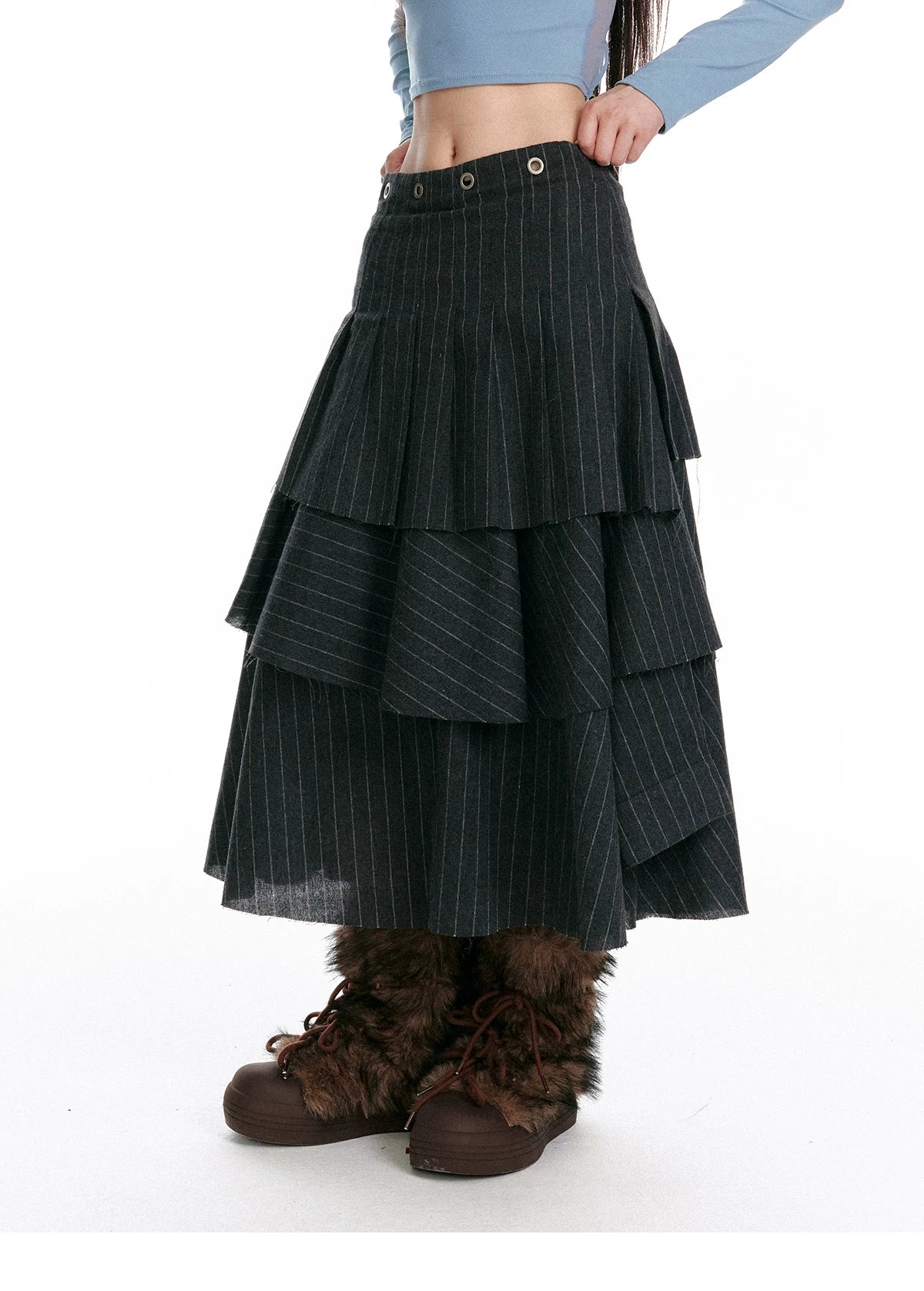 Textured Asymmetrical Striped Midi Ruffle Skirt