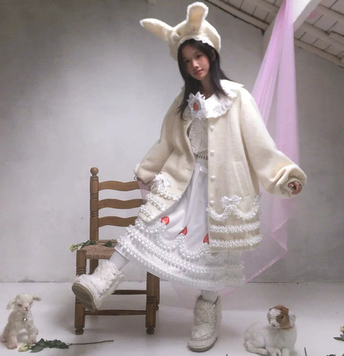 Manteau à manches bouffantes et nœud en dentelle - Blanc / taille unique