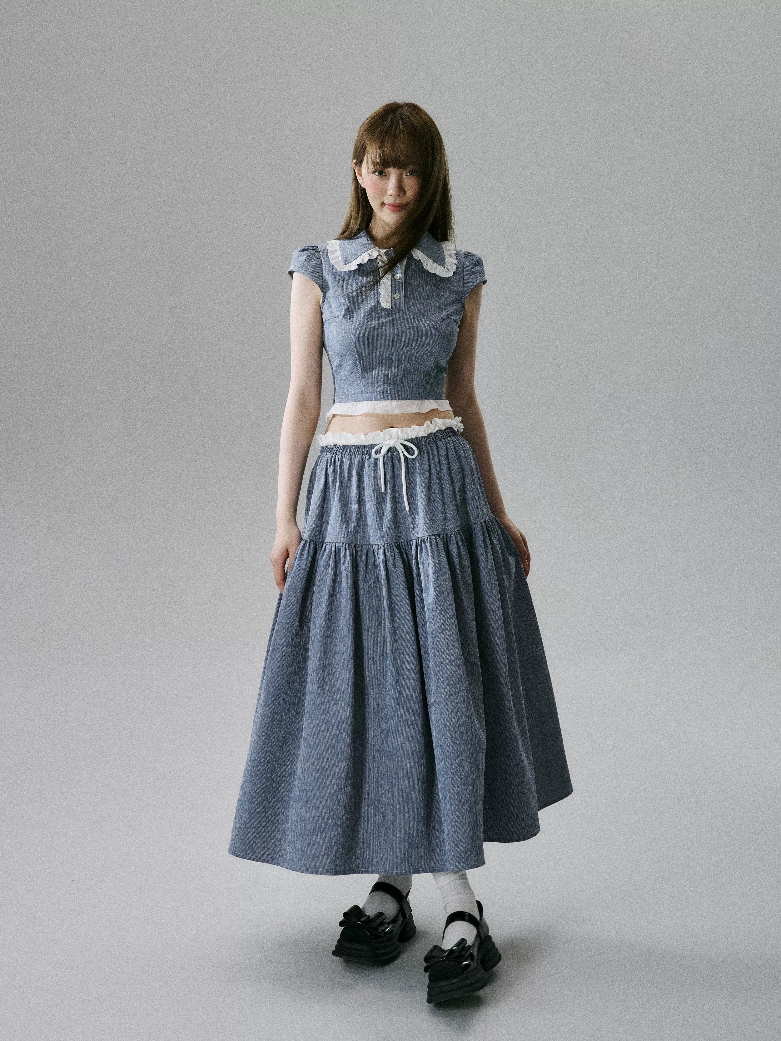 Lace-Trim Short Sleeve Shirt & Drawstring Skirt Setup