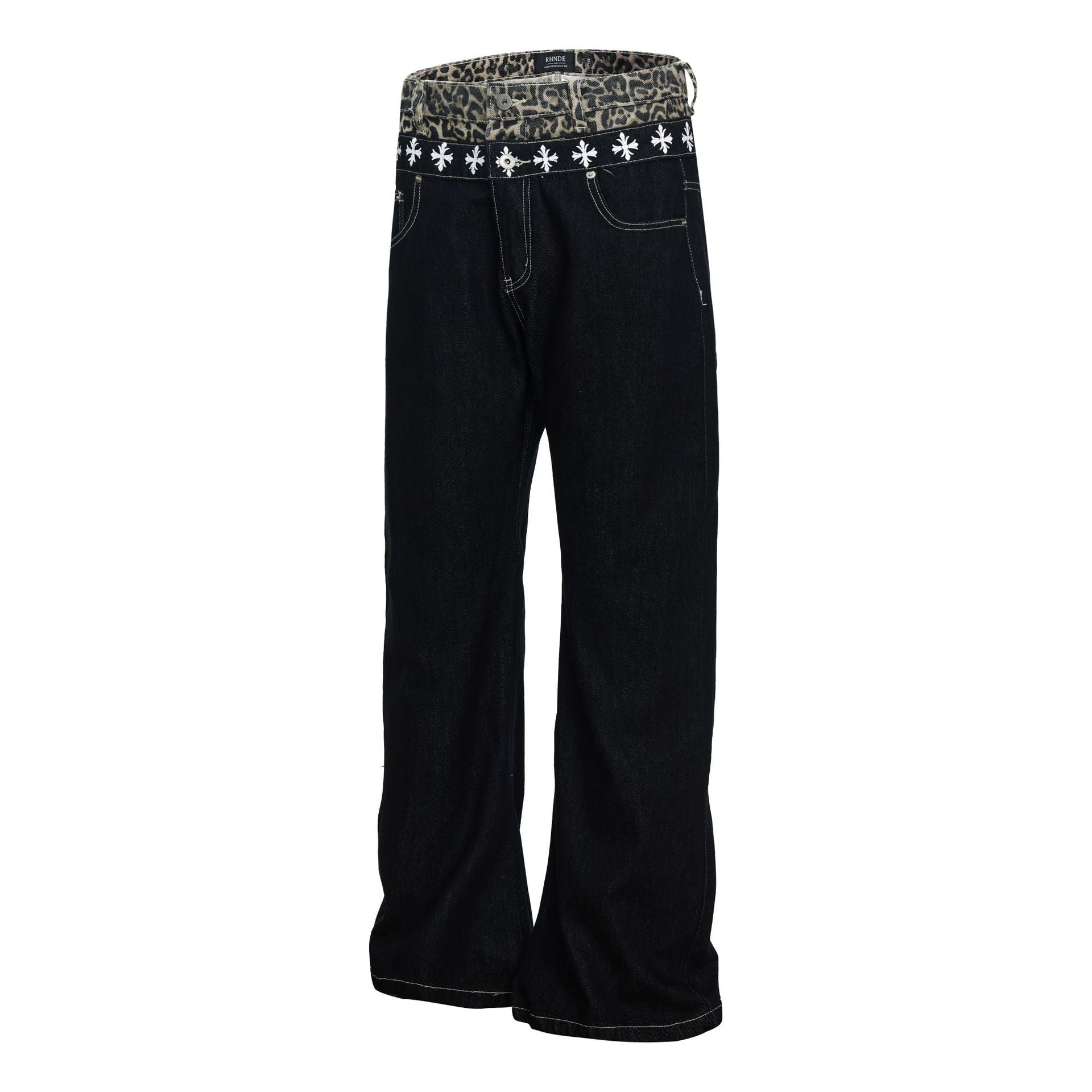 Color Block Embroidery Wide Leg Curved Denim Jeans