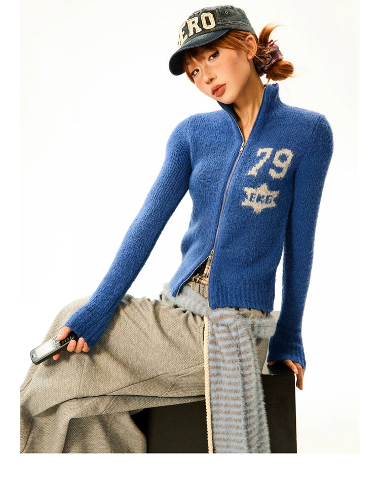 Number Patch Knit Zipper Stand Neck Cardigan