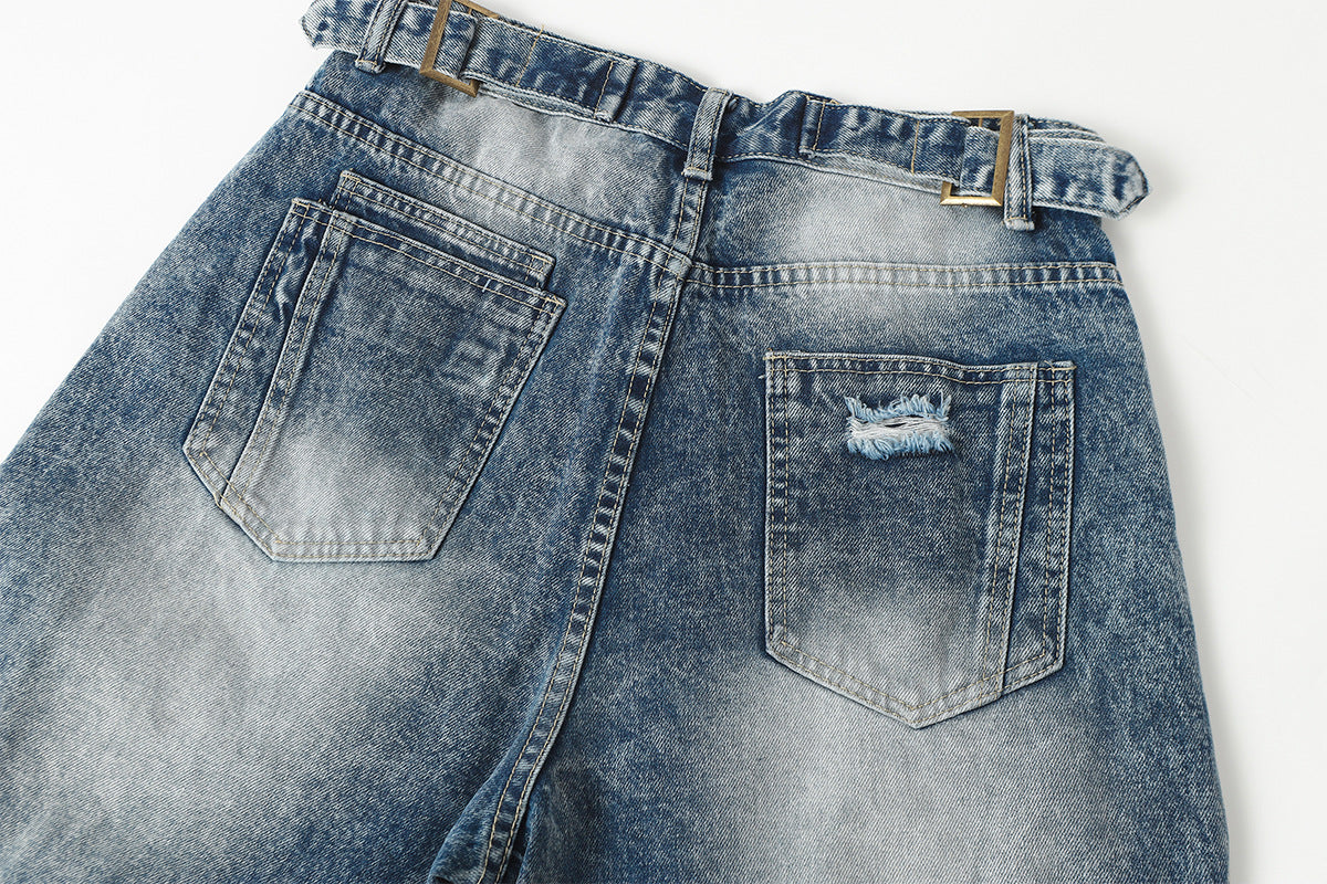 Washed Damage Splice Wide Leg Denim Jeans