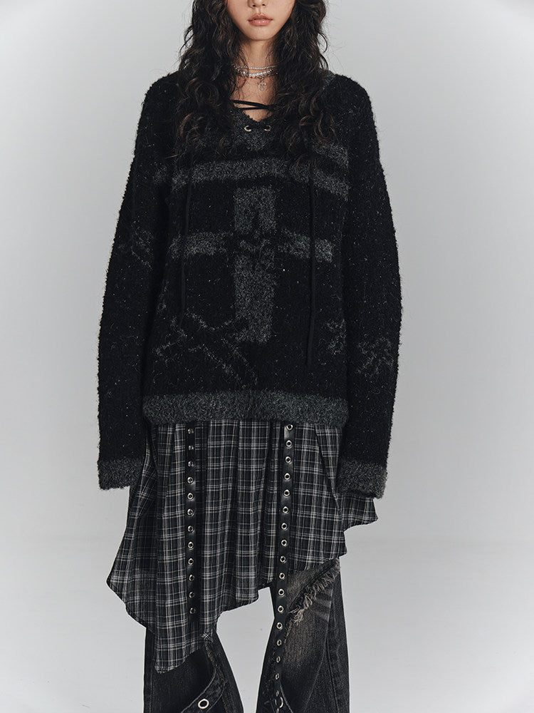 Cross Detail Drawstring Oversize V-Neck Knit Sweater