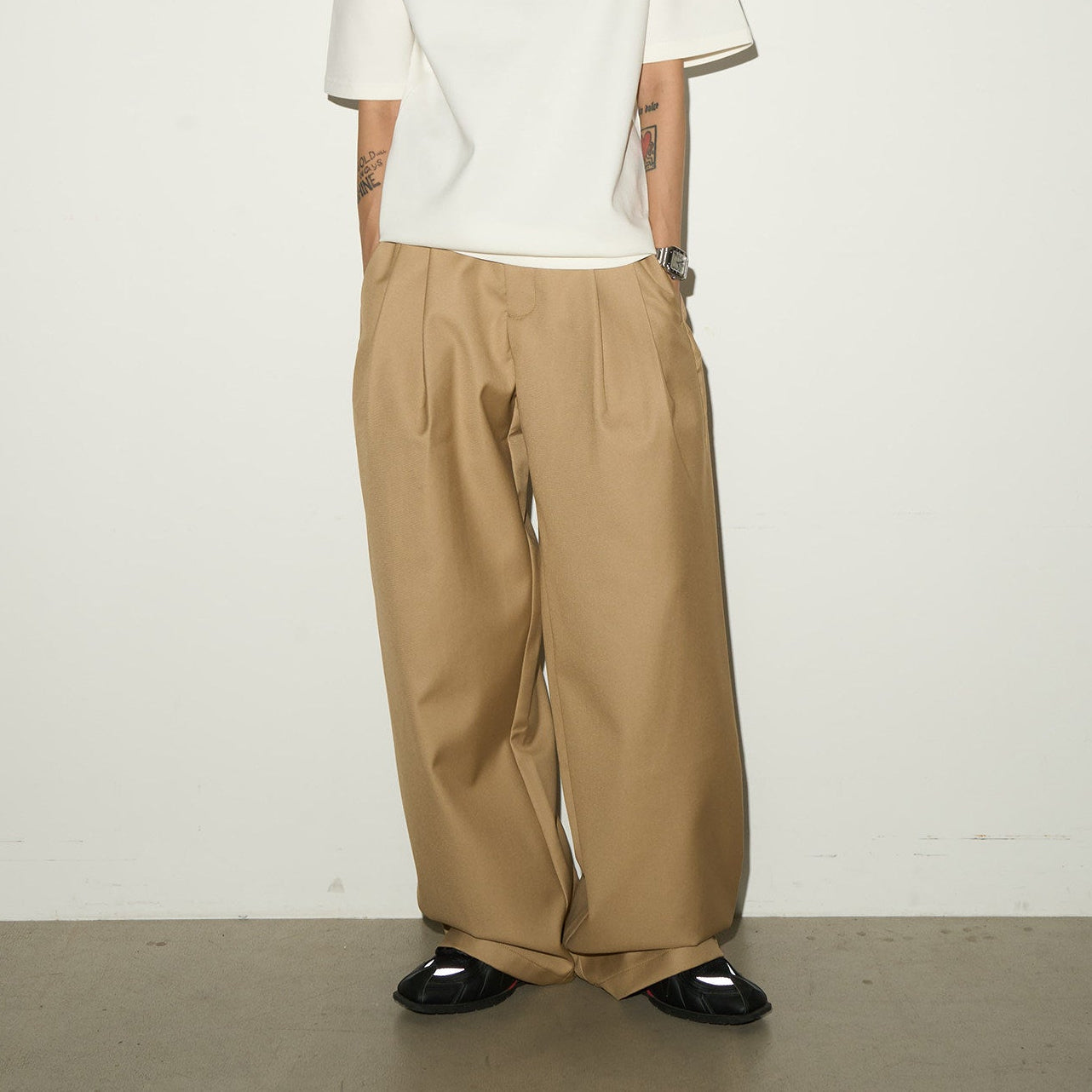 Double Pleats Elastic Waist Straight Trousers