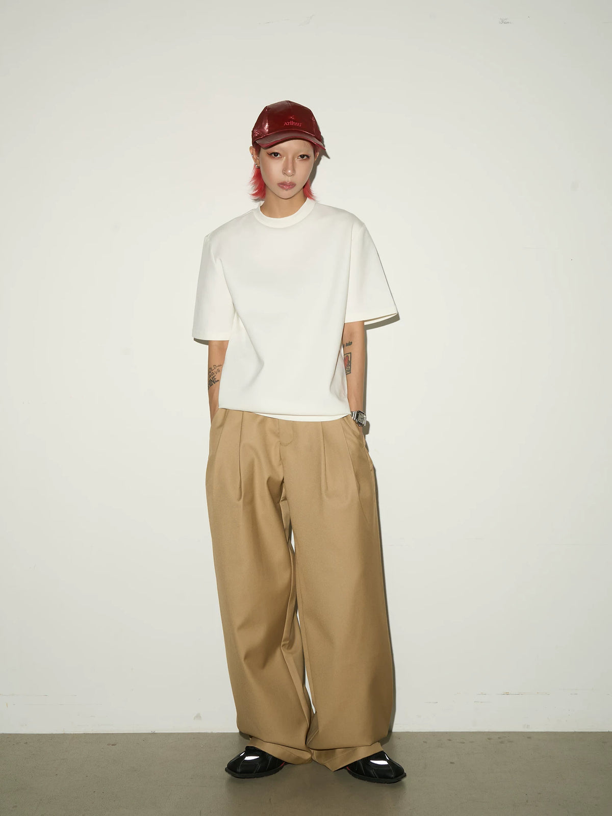 Double Pleats Elastic Waist Straight Trousers