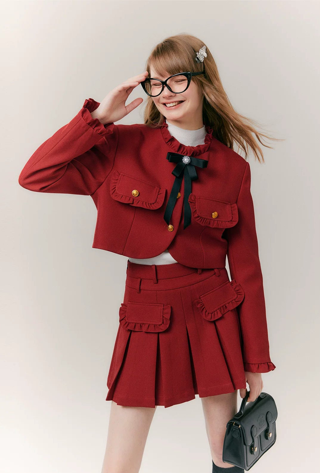 Red Bow-Knot Pleated Skirt & Blazer Jacket Setup