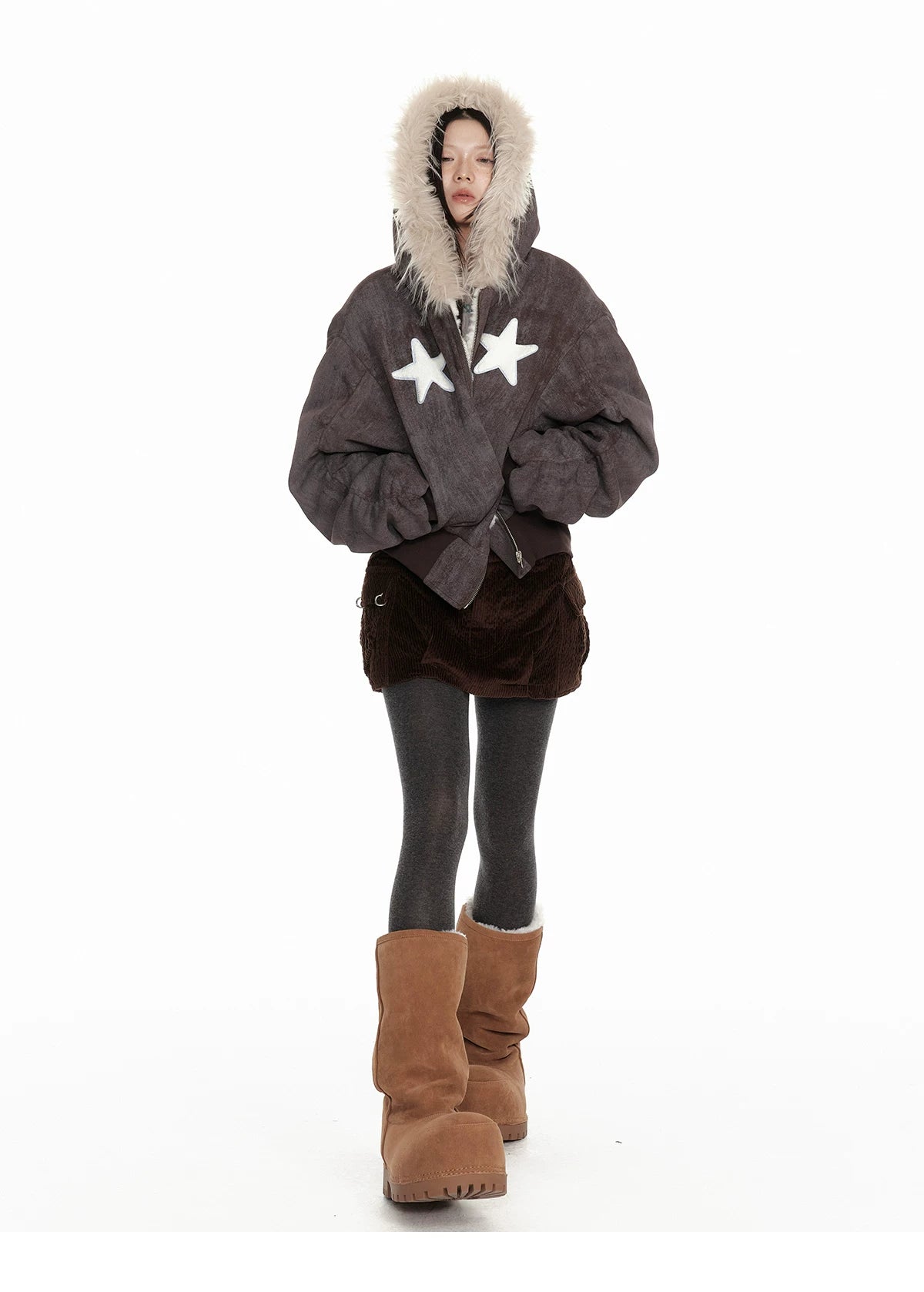 Fur Trim Patchwork Hooded Puffer Jacket