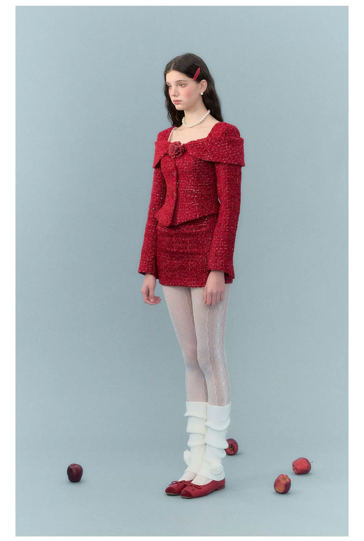 Short Tweed Jacket & Tweed Short Skirt & Tweed Fishtail Long Skirt & Fur Scarf Setup
