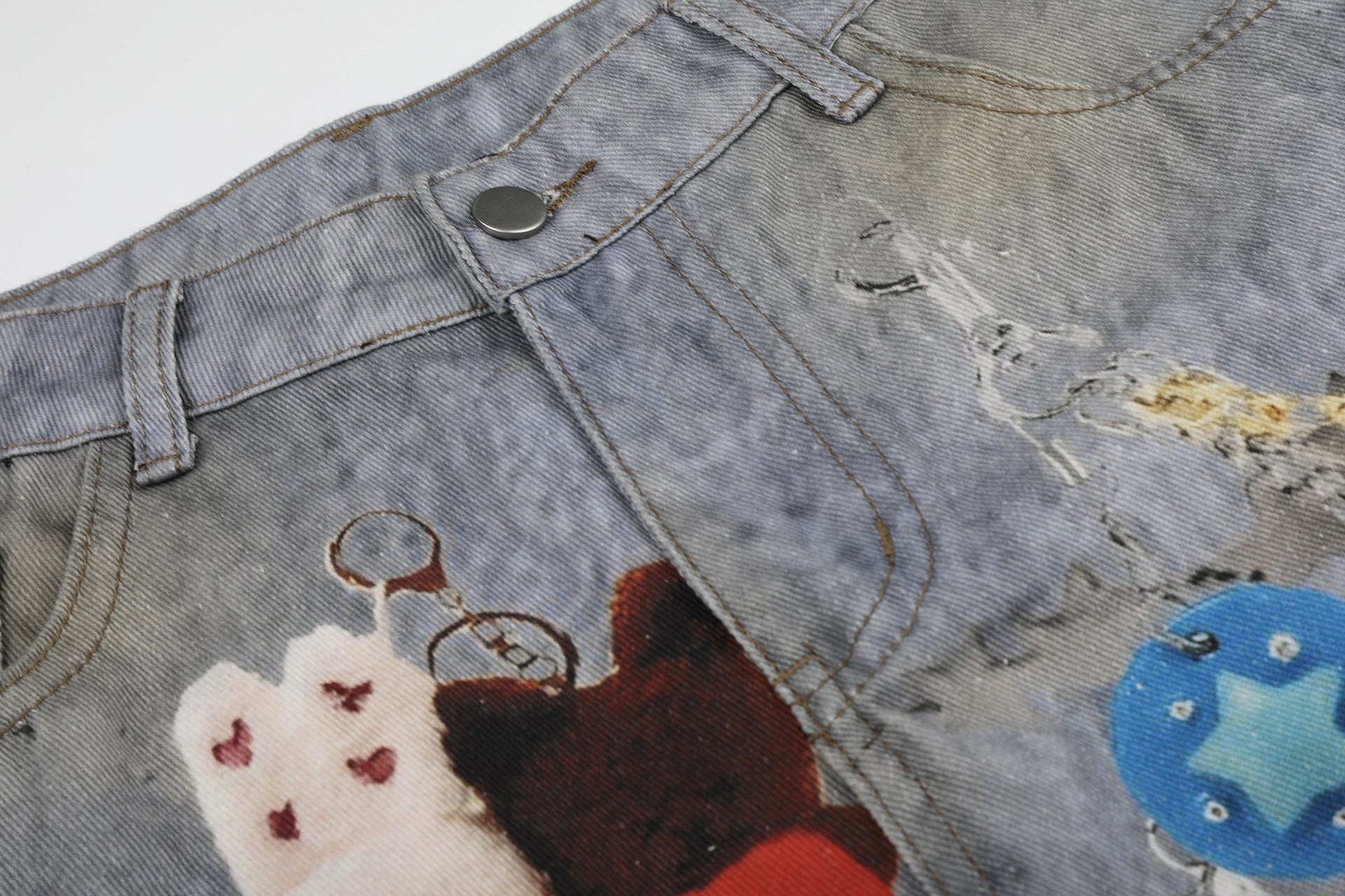 Washed Damage Embroidery Wide Leg Denim Jeans