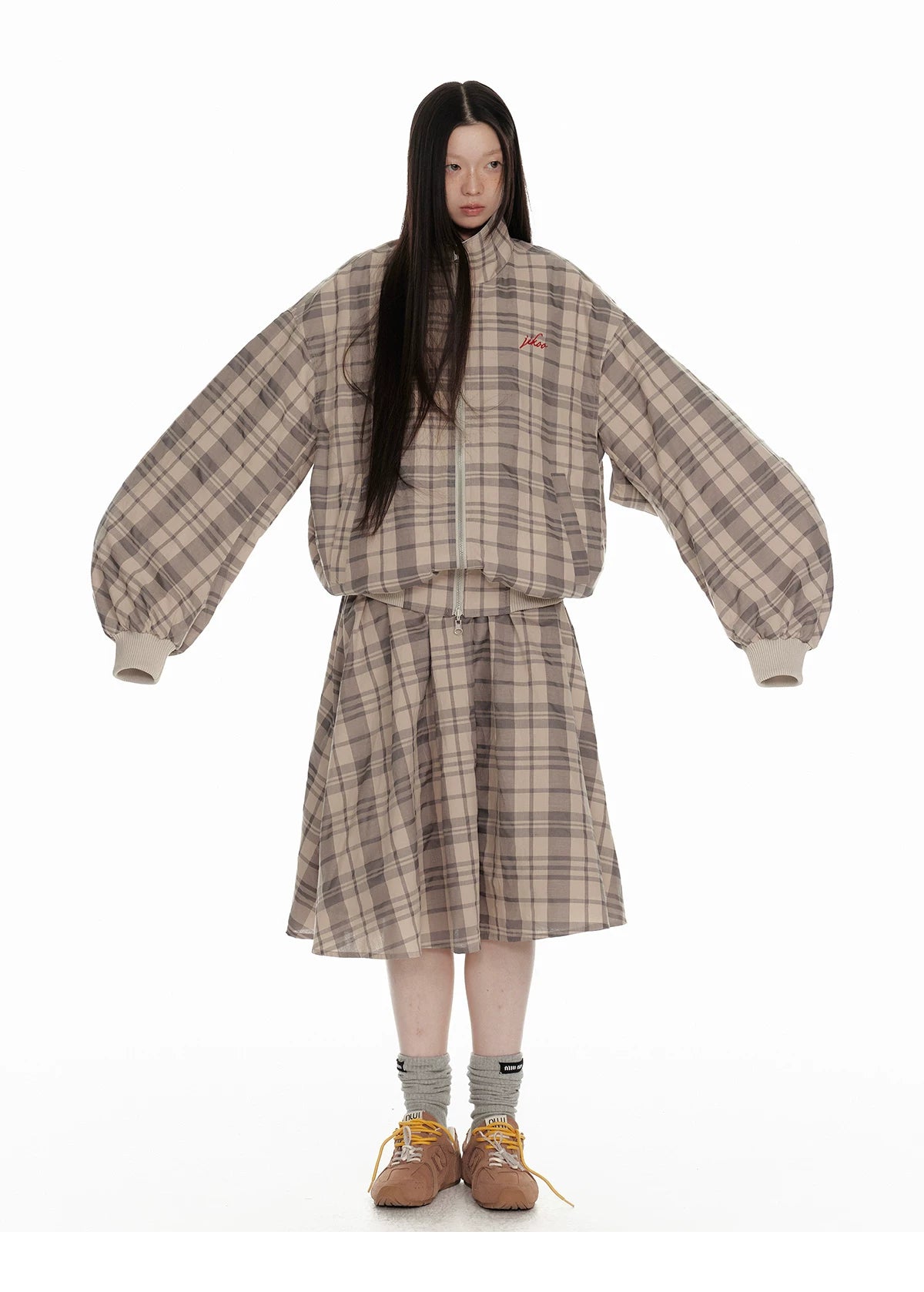 Hollow Star Stand Neck Recersible Jacket & Recersible Plaid Skirt Setup