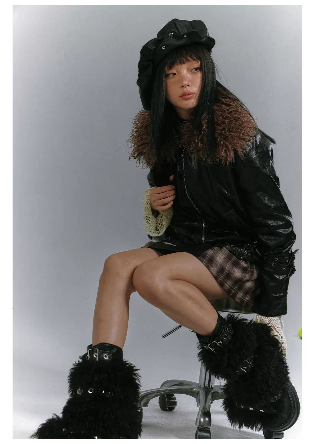 Detachable Fur Collar Glossy Padded PU Leather Jacket