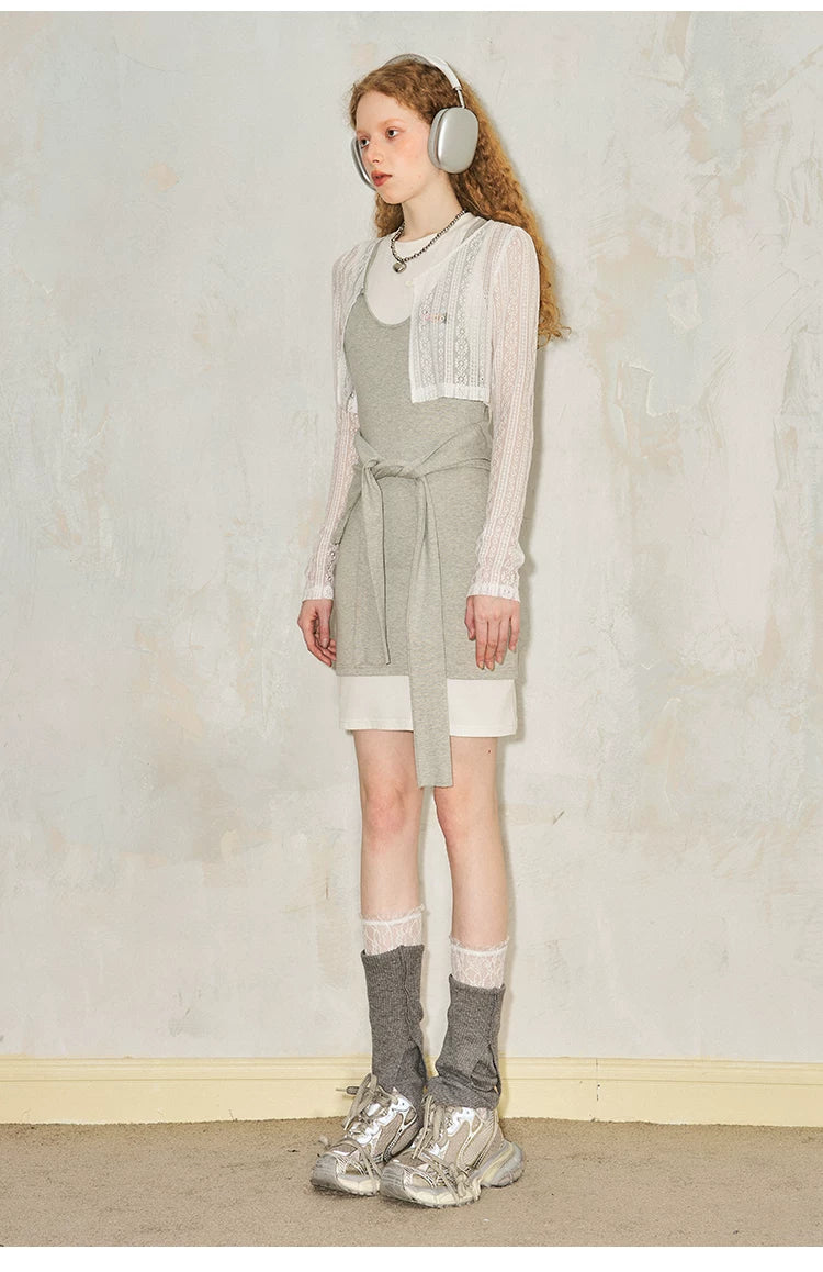 Splicing Fake Layered Round Neck Waist Cinching Dress