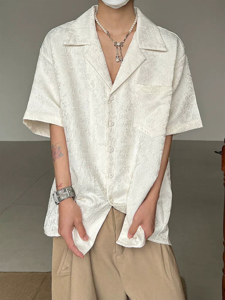 Jacquard Embroidery Embossed Cuban Collar Short Sleeve Shirt