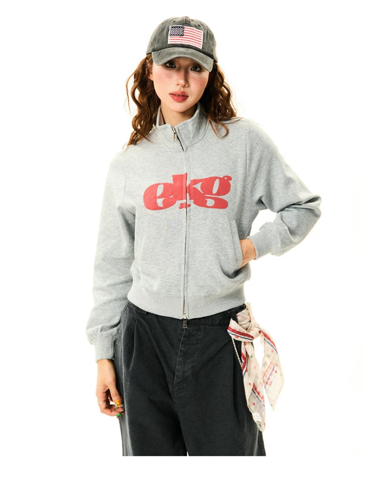 Letter Print Fitted Zipper Hoodie