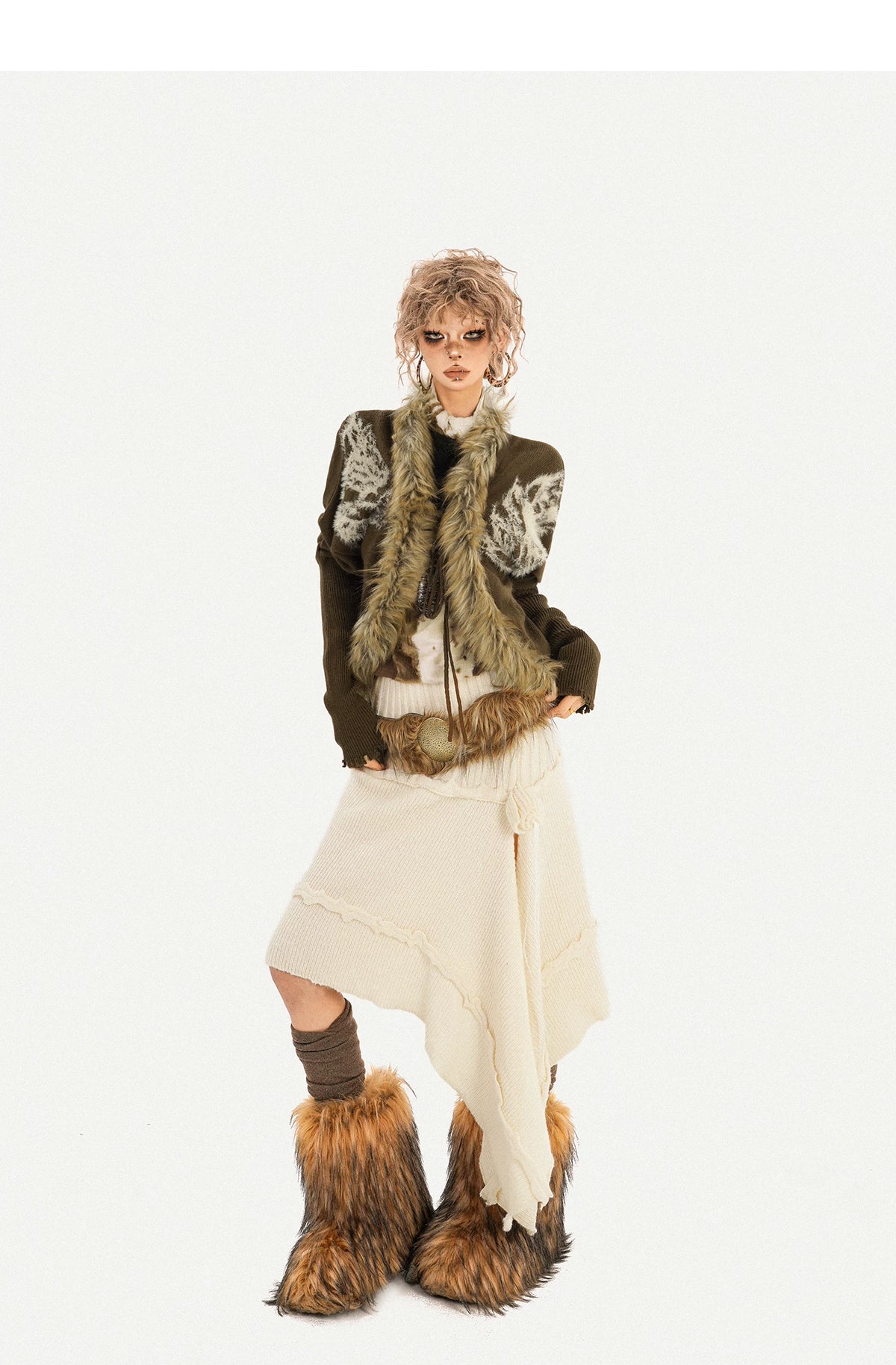 Original Design Batwing Sleeve Fake Fur Collar Knit Cardigan
