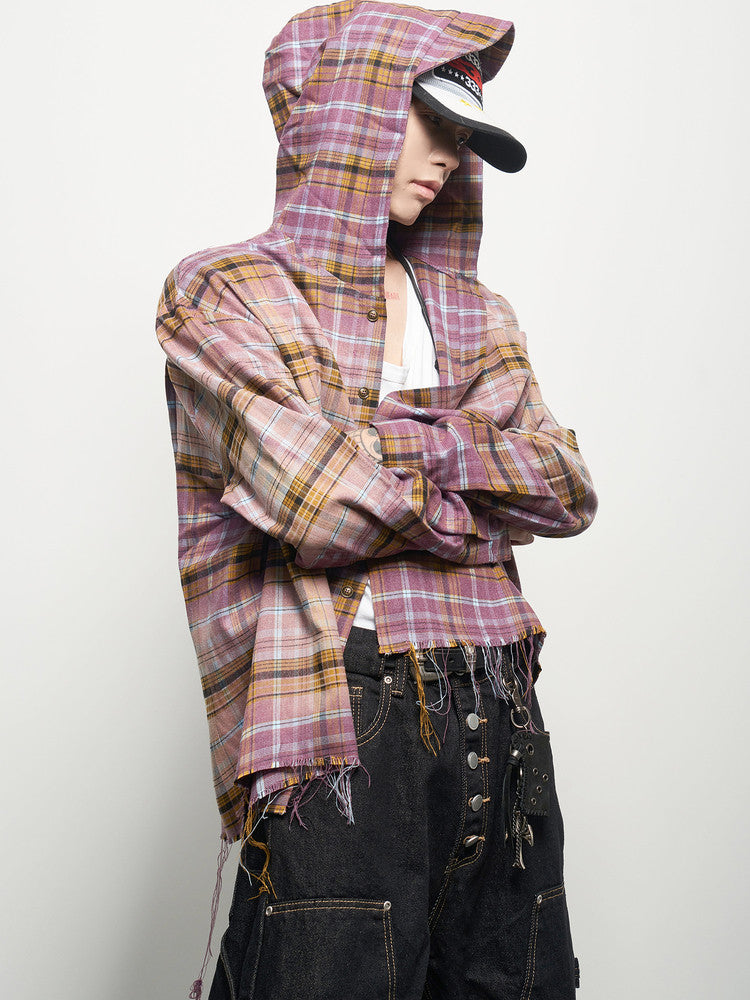 Gradient Plaid Hooded Long Sleeve Shirt