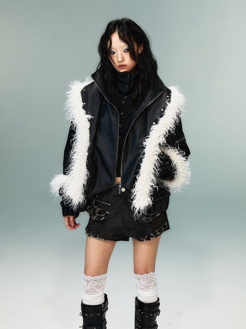 Fake Layered Washed Thickened PU Leather Padded Short Jacket