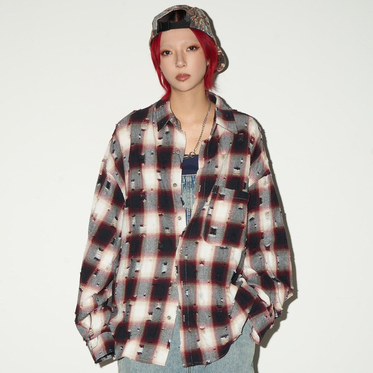 Ripped Plaid Oversize Long Sleeve Shirt
