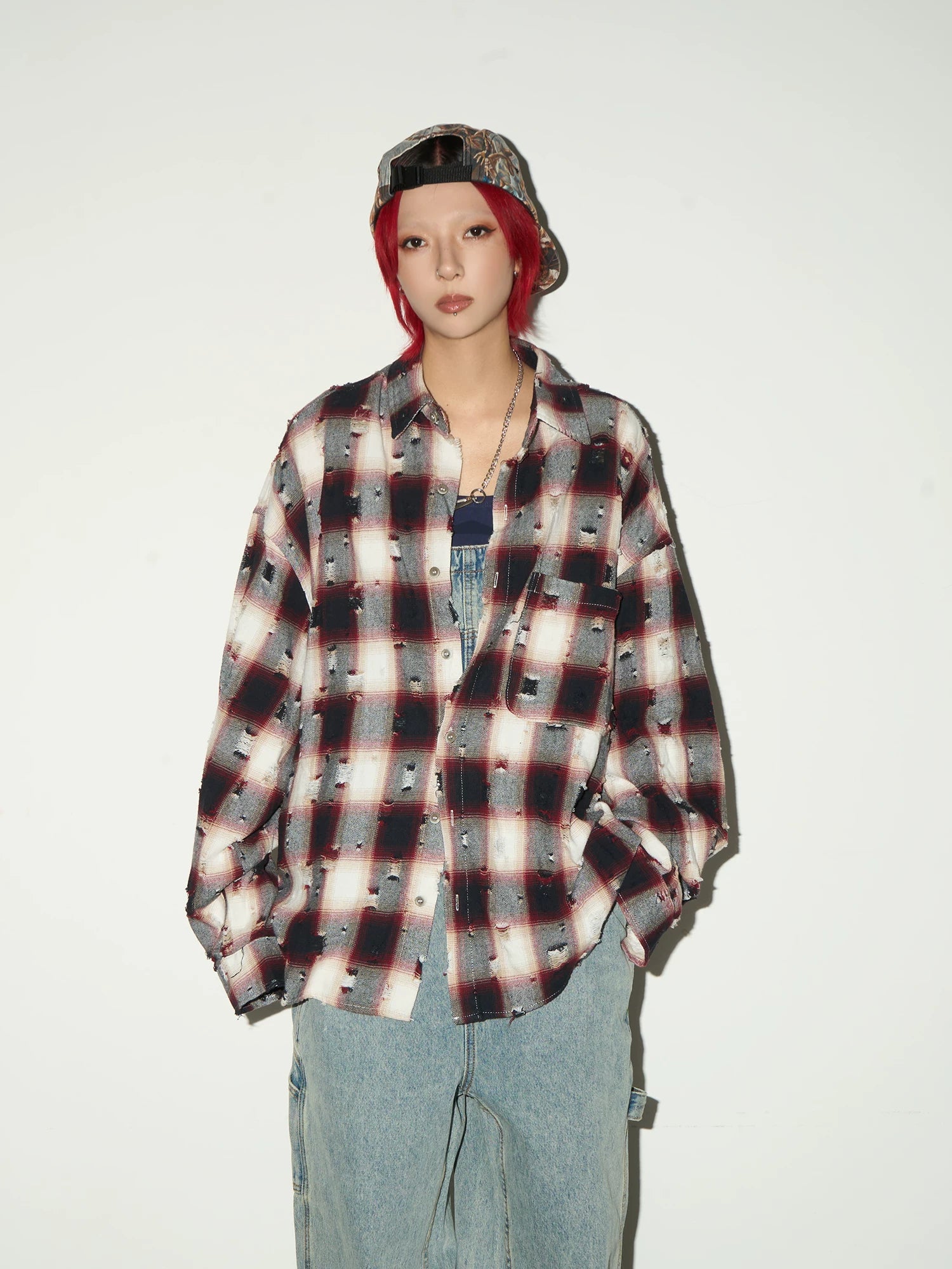 Ripped Plaid Oversize Long Sleeve Shirt