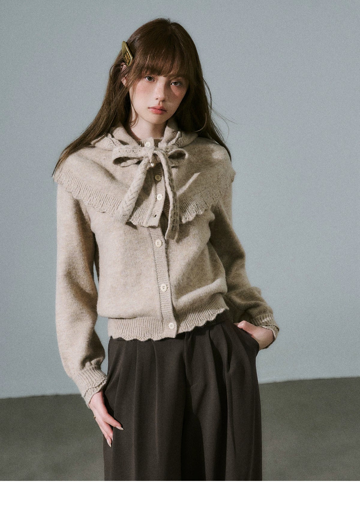Ruffled Collar And Bow Detail Knit Cardigan
