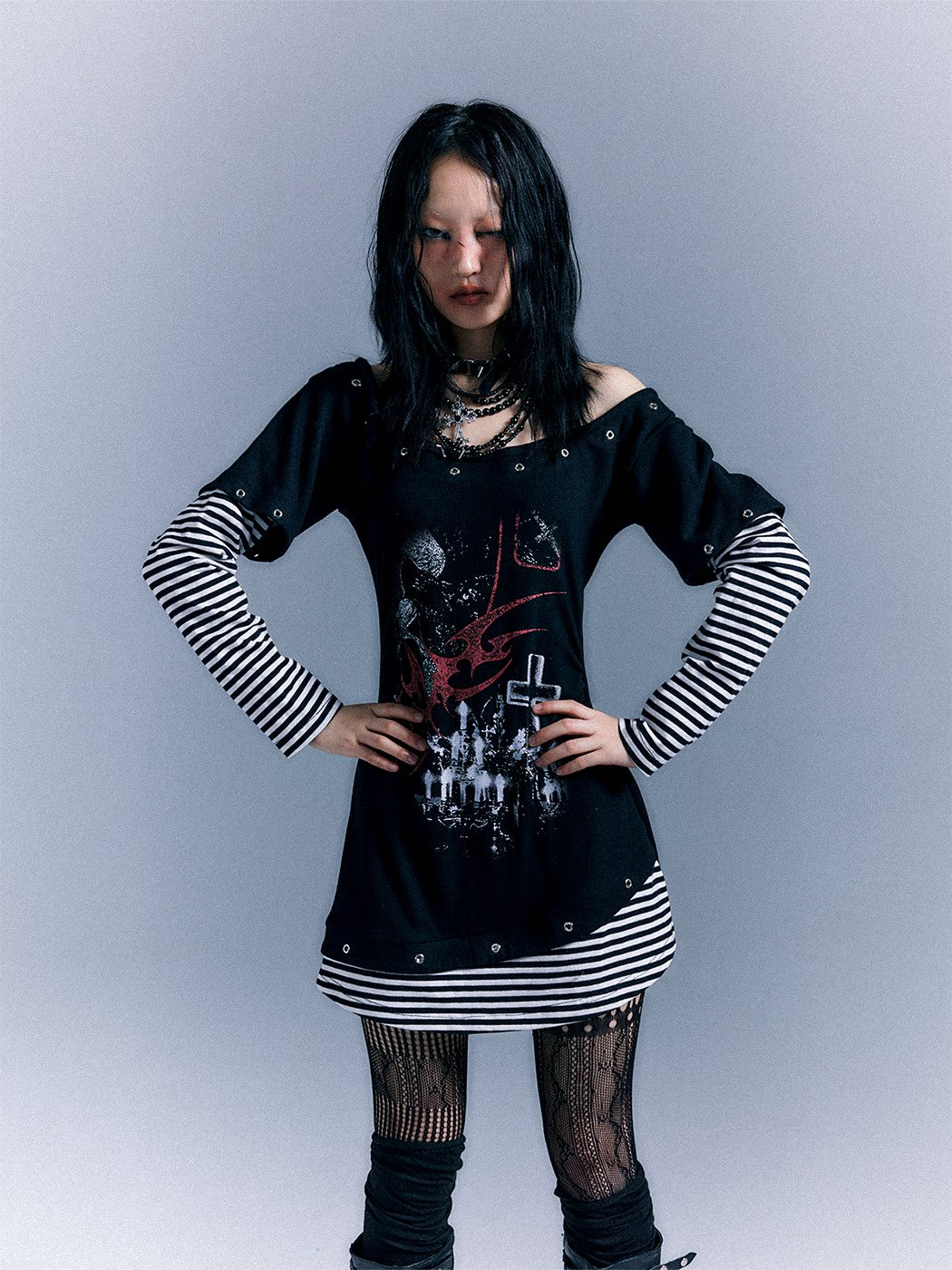 Light Punk Stripe Long Sleeve Graphic Waist-Cinching T-Shirt Dress