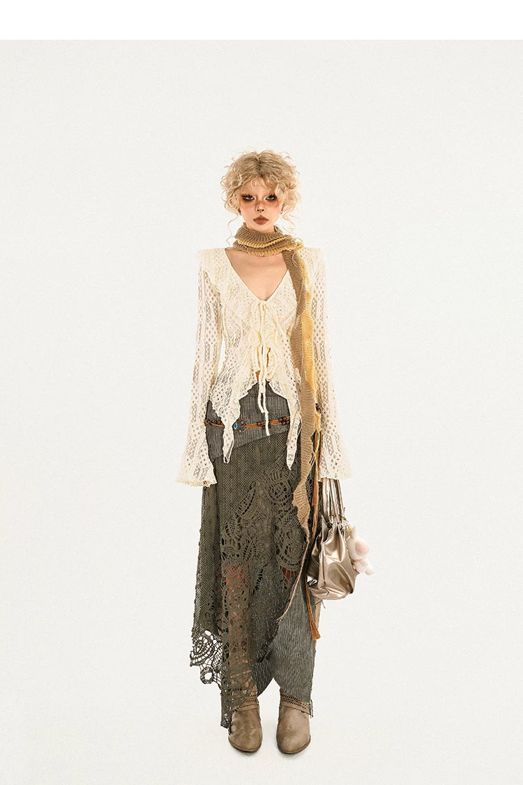 Original Design Heavy Craft Wasteland Knit Patchwork Lace Skirt