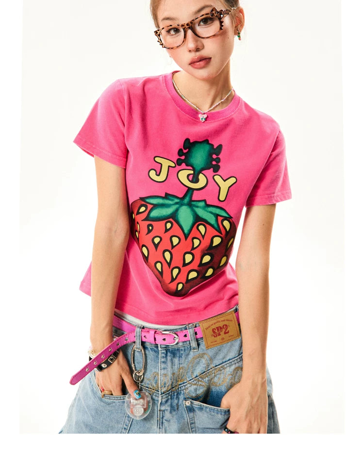 Strawberry Print Cropped Short Sleeve T-Shirt