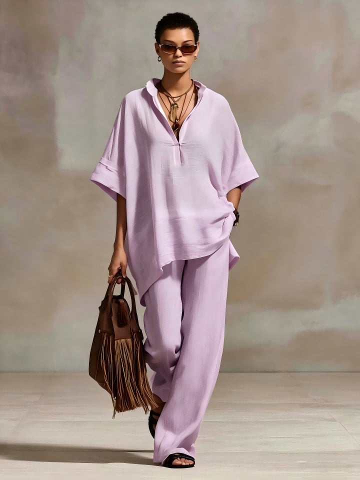 2 Piece Summer Set Loose V Neck Batwing Top & Wide Leg Pants