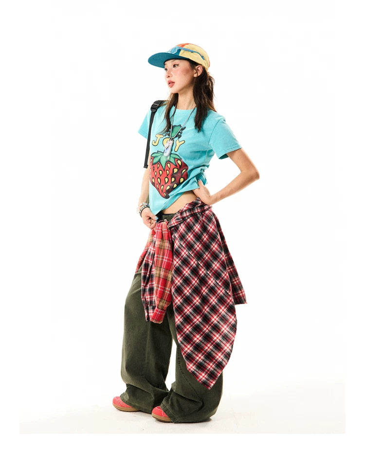 Strawberry Print Cropped Short Sleeve T-Shirt