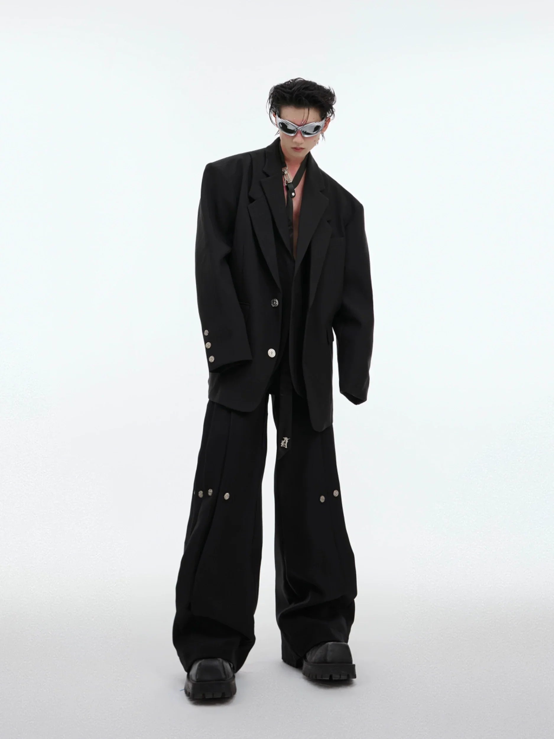 Double-layer Design Oversize Tailored Jacket & Wide Leg Pleats Trousers Setup
