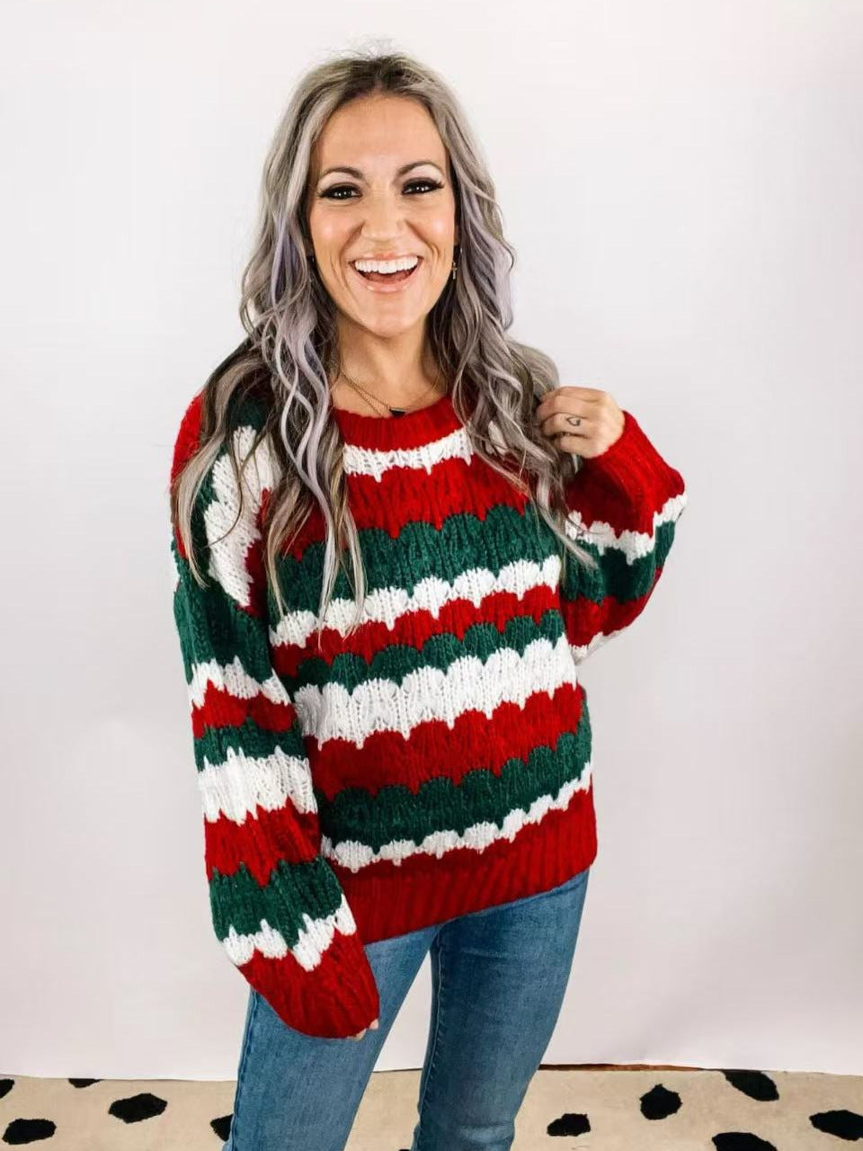 Christmas Crew Neck Striped Color-Blocked Sweater