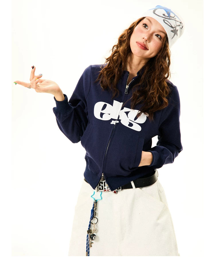 Letter Print Fitted Zipper Hoodie