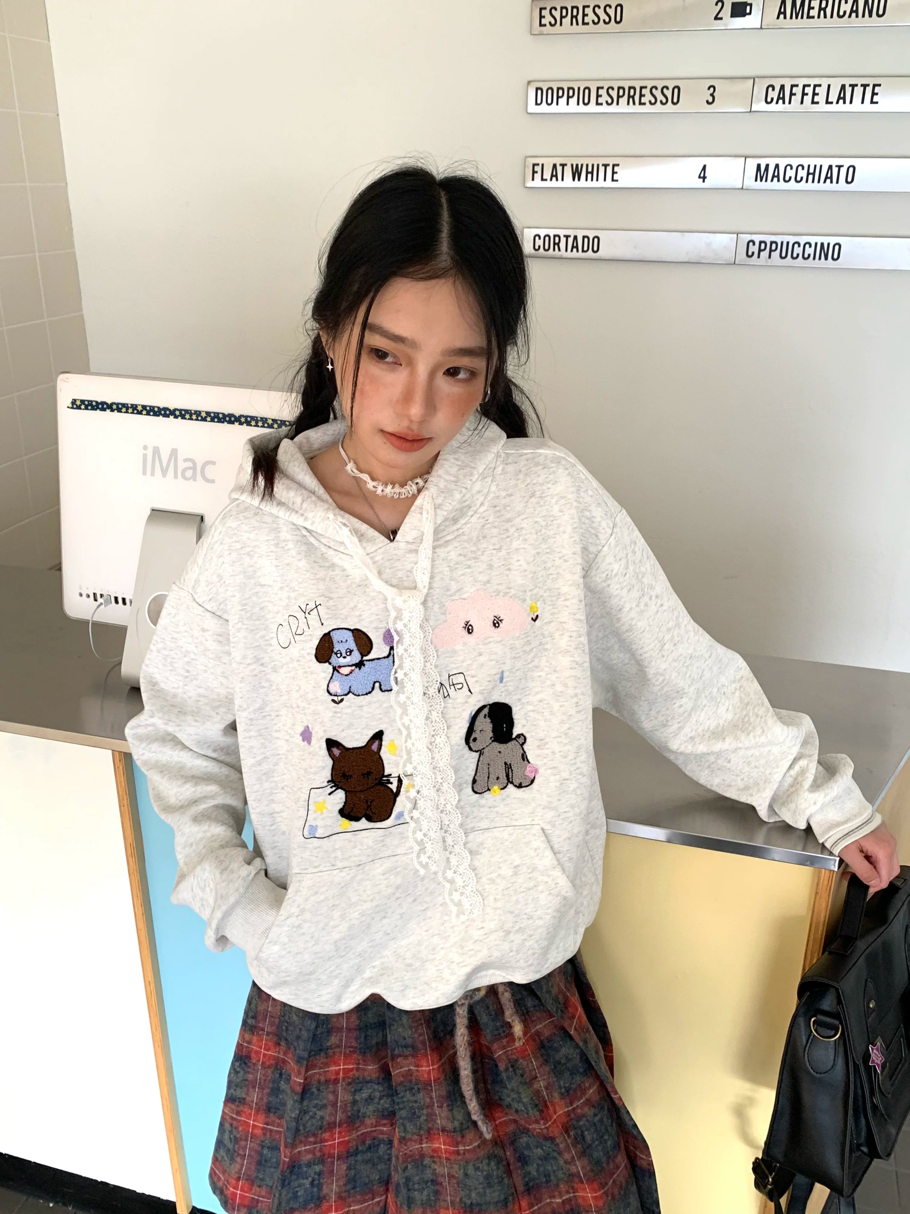 Lace Embroidery Dog Print Oversize Pullover Hoodie