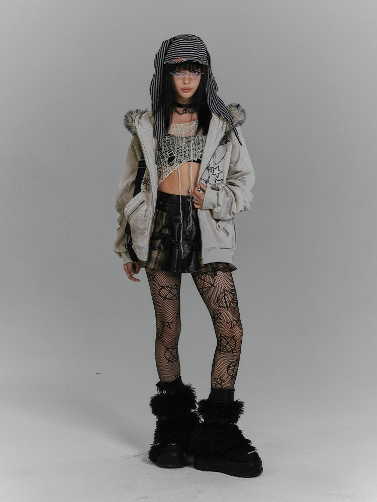 Graphic Fake Fur Hood Bunny Ear Zipper Hoodie Jacket