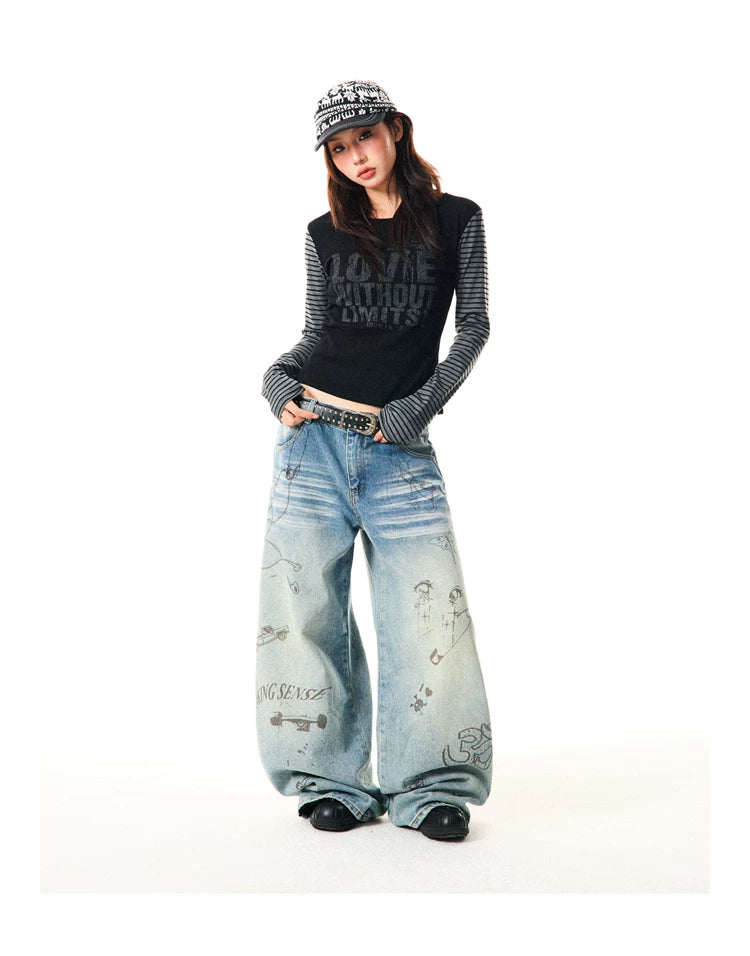 Washed Graffiti Print Wide Leg Denim Jeans