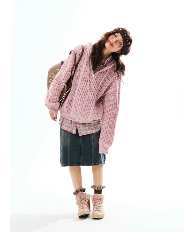 Chunky Knit Zipper Hooded Oversize Cardigan