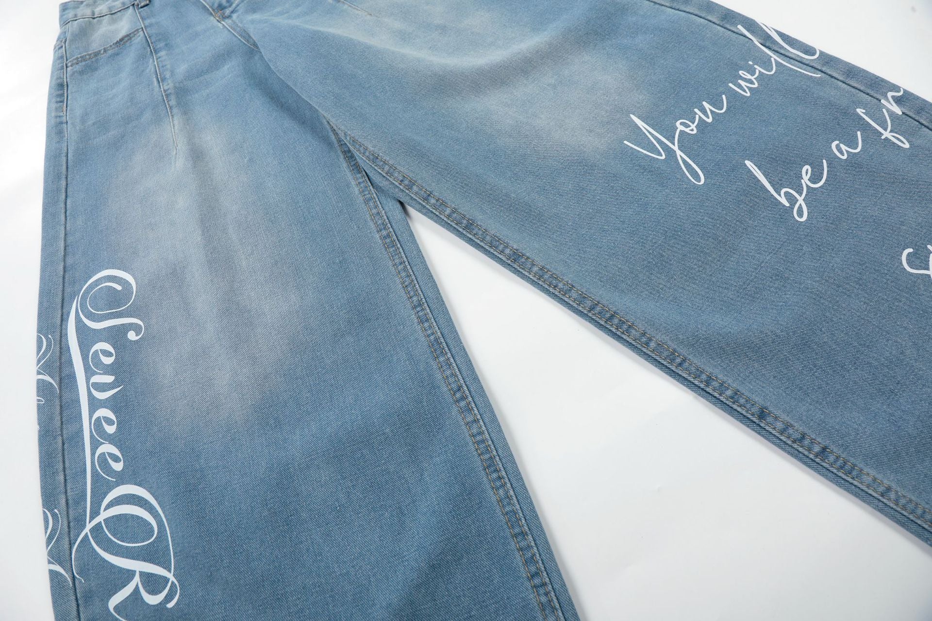 Washed Letter Print Wide Leg Denim Jeans