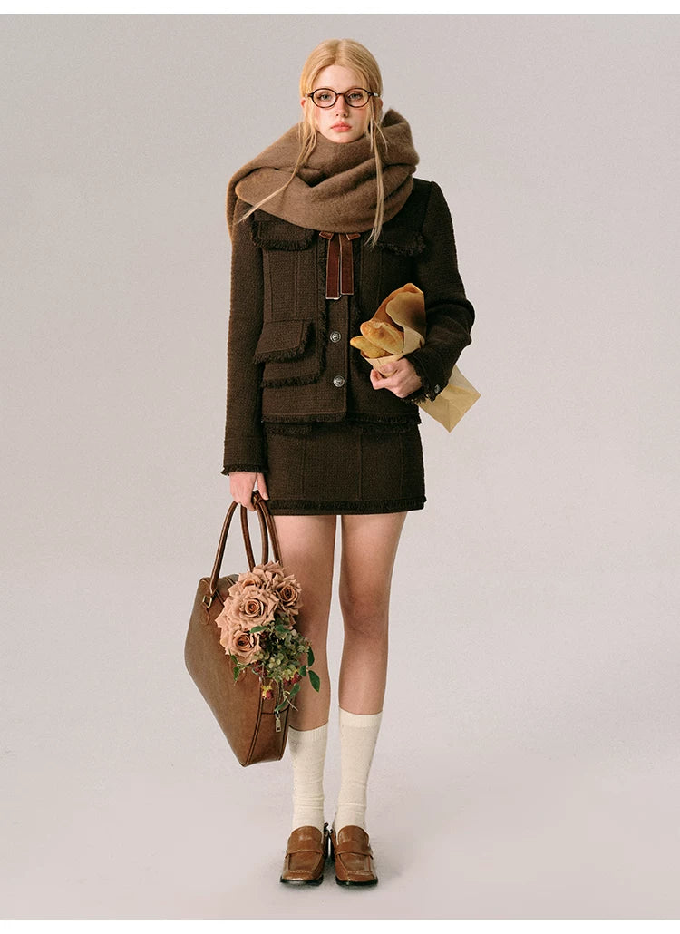 Bow Design Wool Blend Jacket & Short Skirt Setup