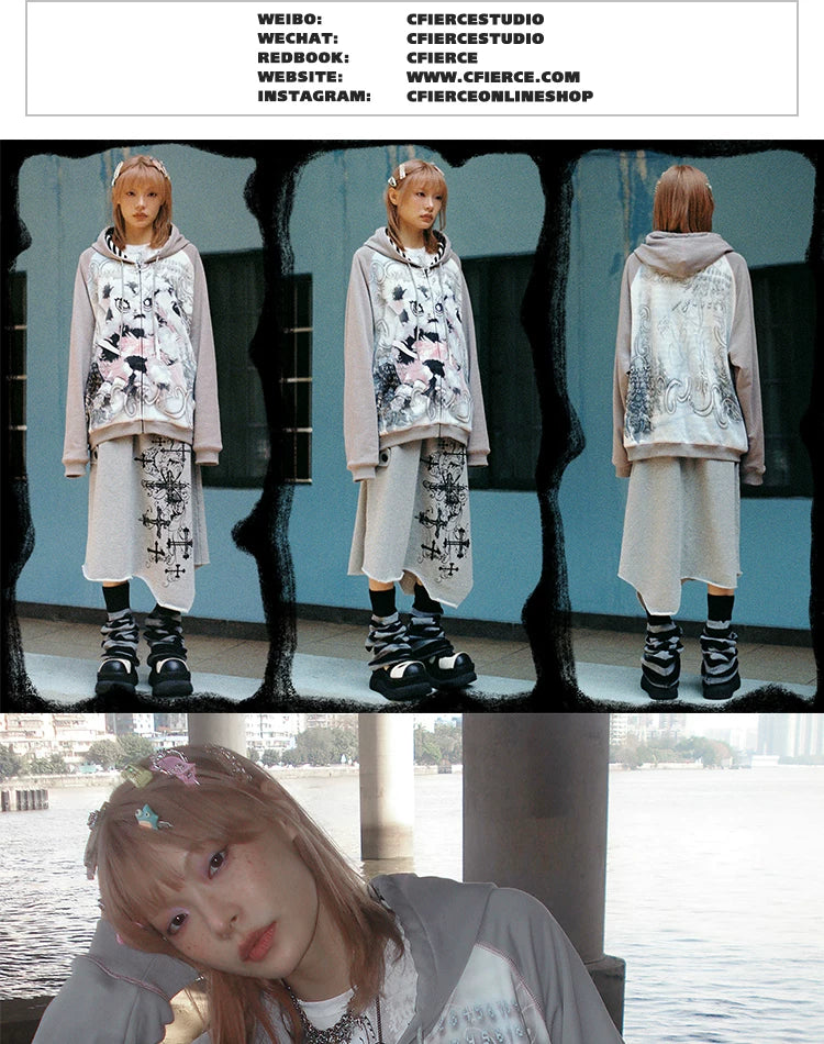 Sweat à capuche oversize à motif lapin avec fermeture éclair